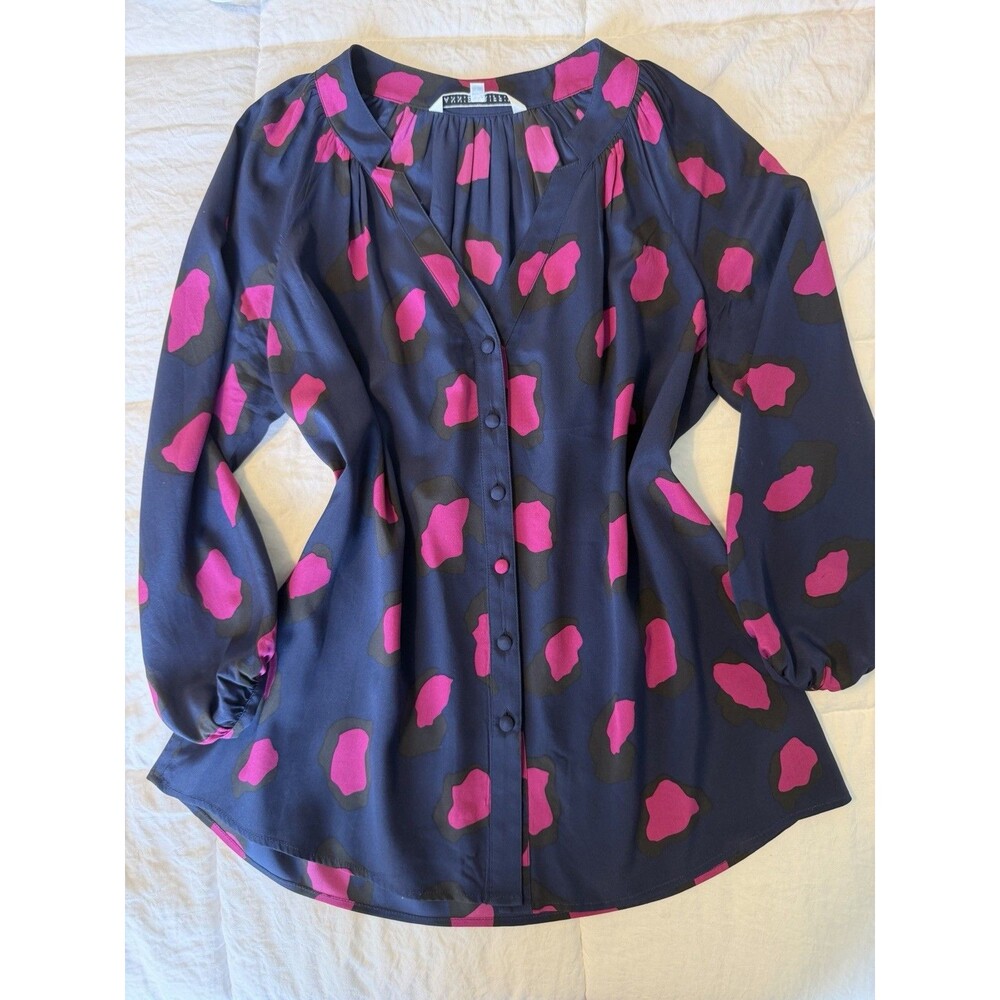 Annie Griffin SILK Blouse Navy Pink Black Animal Print Button Front V-Neck  S